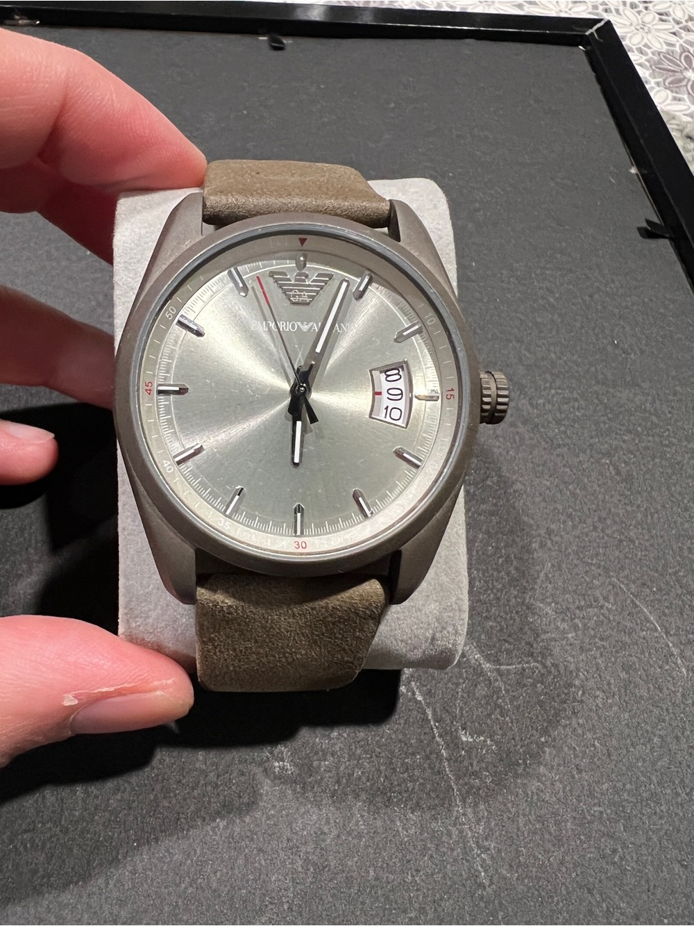 Emporio Armani Silver-Grey Dial Taupe Leather Strap Watch